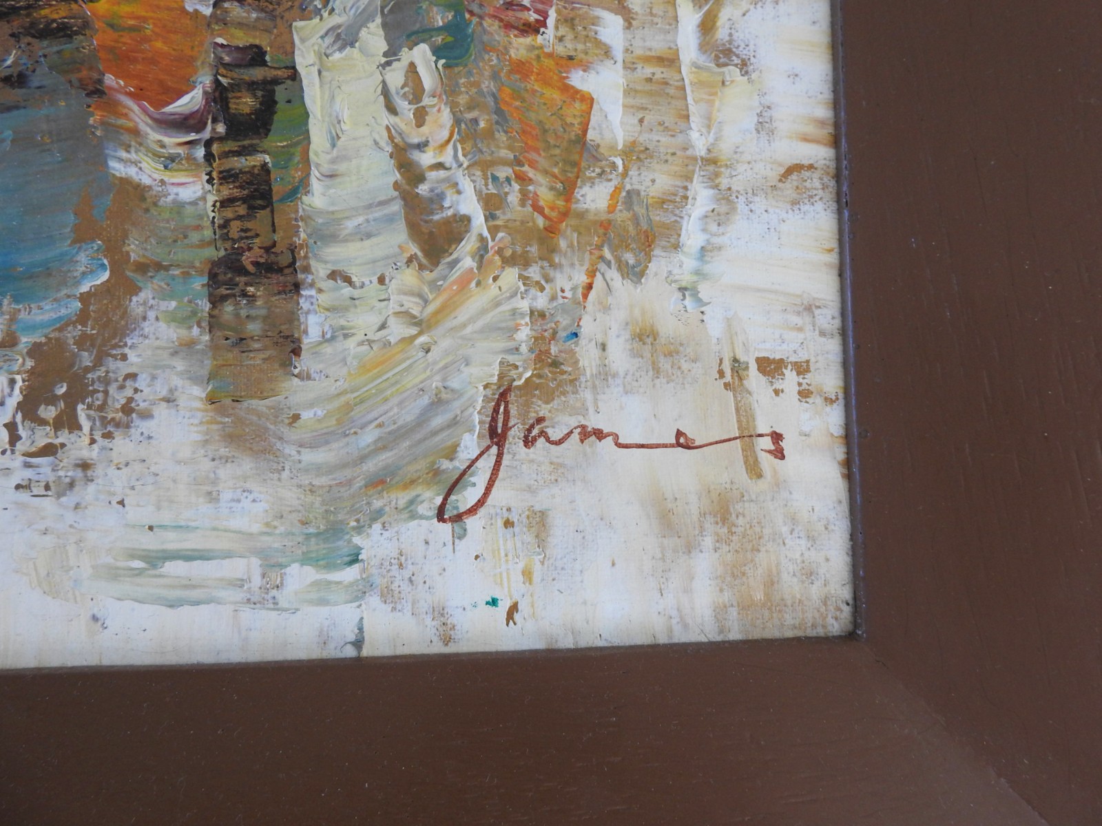 Vintage Mid Century Modern Abstract Painting Palette Knife Oil Horse Racers Sign