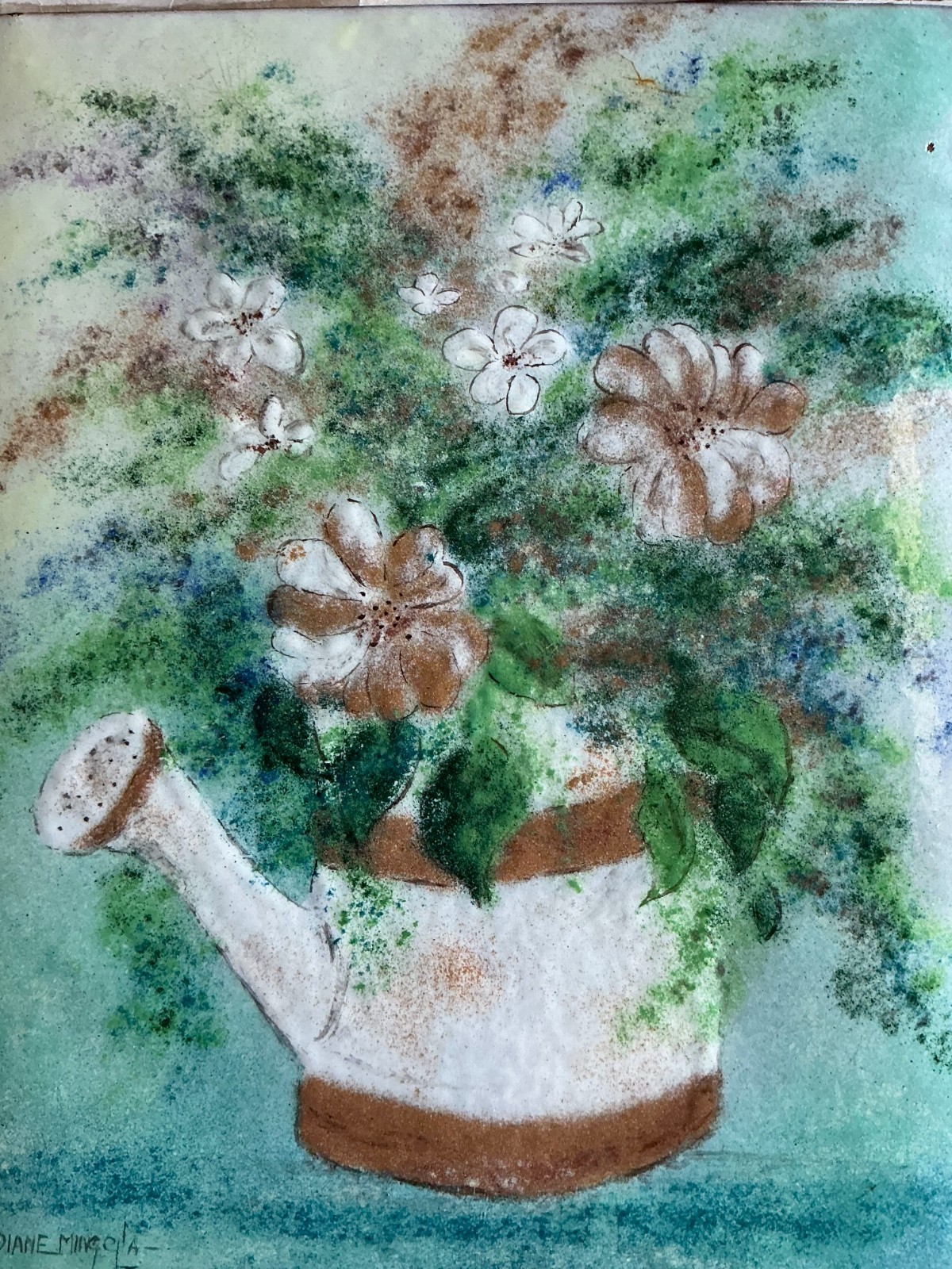 Diane Mingolla Signed Enamel on Copper Painting Floral Watering Can Vintage 8×10