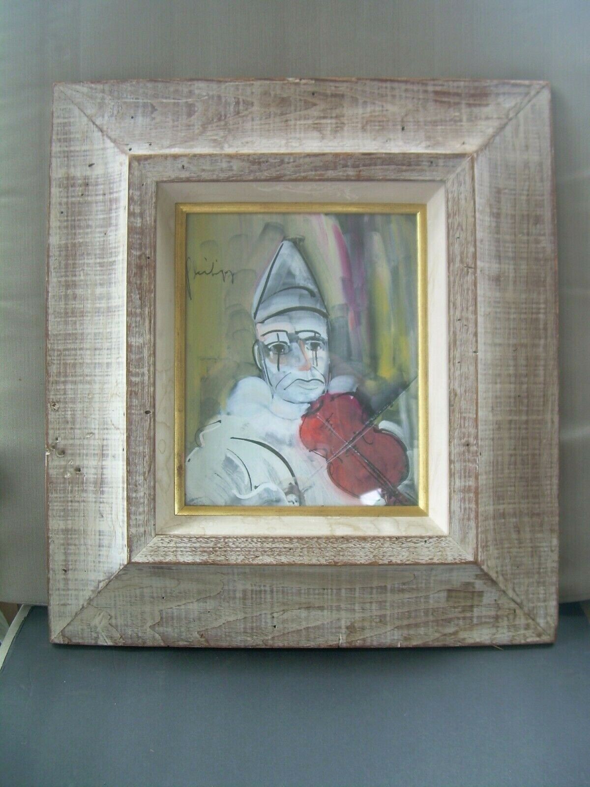 ORIG NYC ARTIST WALTER PHILIPP GOUACH~CLOWN PLAYING VIOLIN~19 X 17 FRAMED 8X10