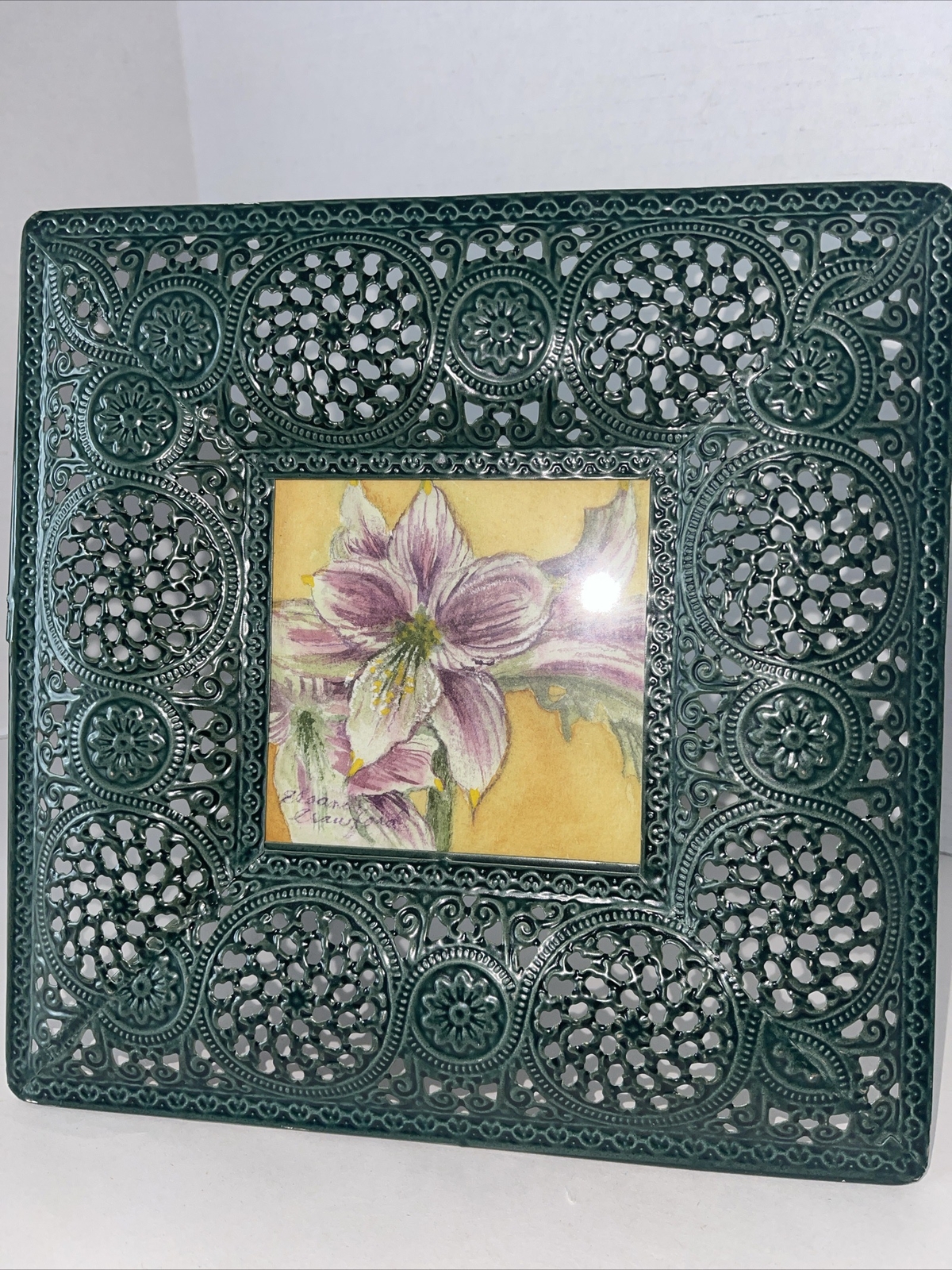 Amaryllis Watercolor Painting Mini Floral Metal Filigree Framed 9” Square Easel