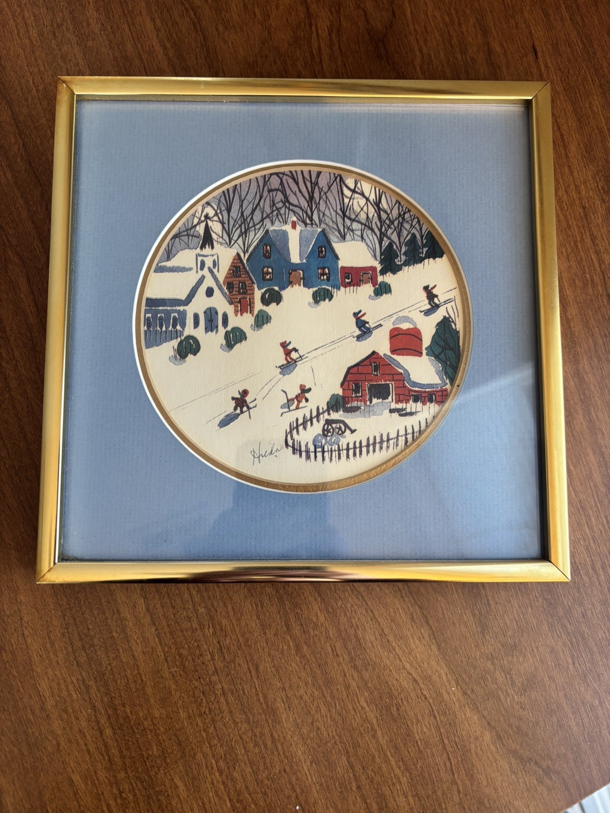 Framed Hilda Kaihlanen Watercolor Print Folk Art Winter 8in Square Signed