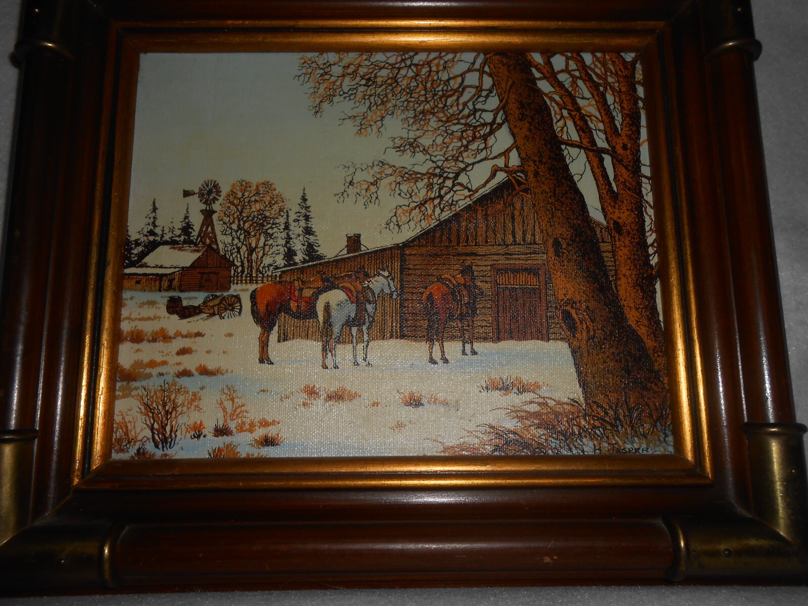 Framed – Signed H. Jasper Farm Scene With Horse Hand Painted Serigraph On Canvas