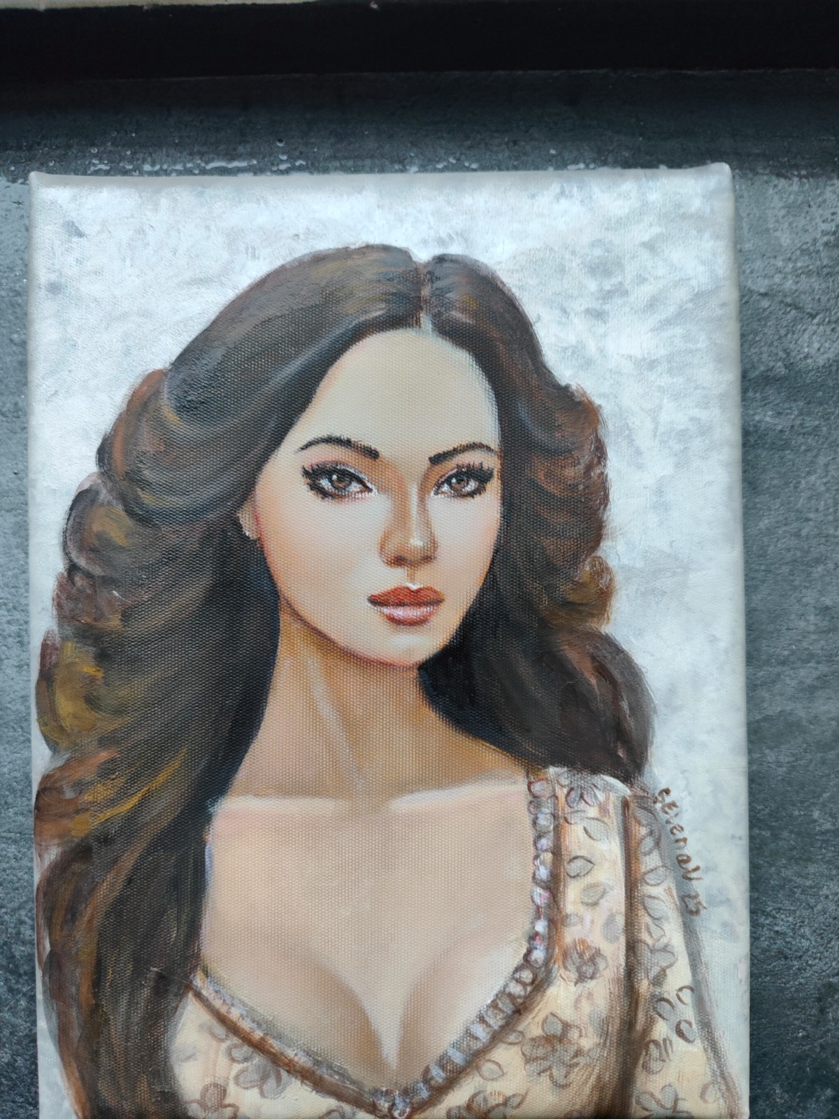 ​Original Oil Painting Female Portrait Pearl Background Hand Painted Stretched