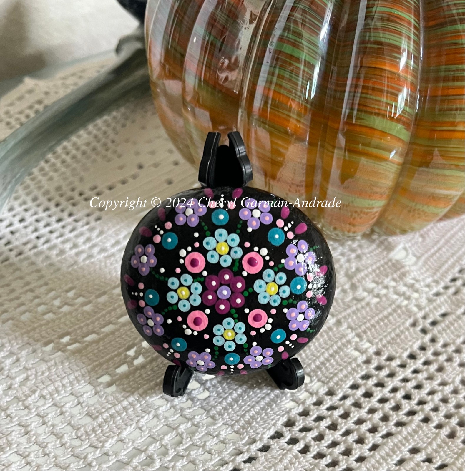 Original Dot Painted Stone Black Flower Mandala by Cheryl Andrade