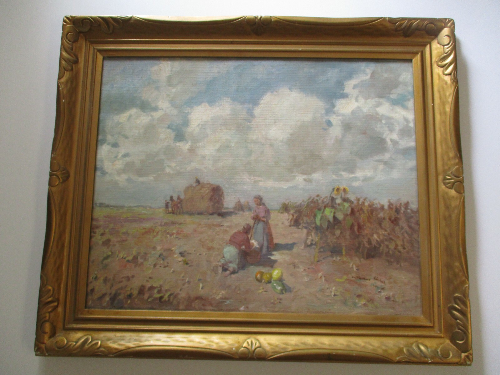 LARGE VINTAGE ANTIQUE IMPRESSIONIST PAINTING LANDSCAPE OLD FARM WORKERS WPA ERA