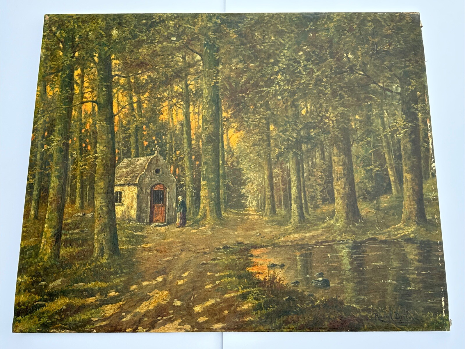 ANTIQUE PAINTING LANDSCAPE CHURCH FOREST LANDSCAPE LISTED FAMOUS BELGIUM DELBOVE