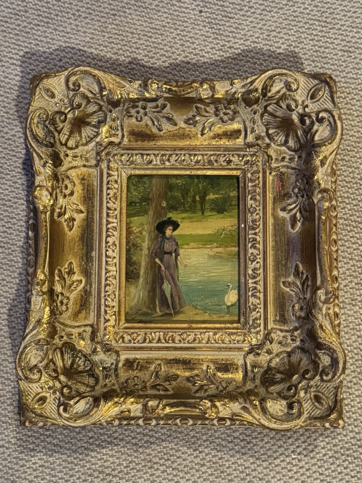 Victorian Oil On Board Framed Painting – Victorian Woman and Swan at Lake -Boras