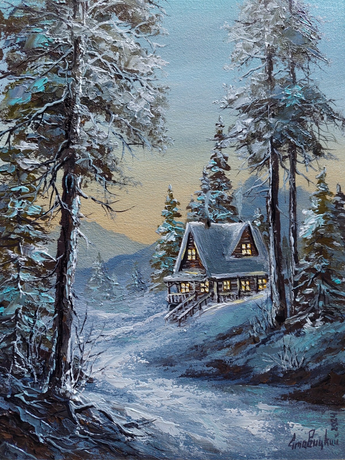 Ski Resort Lodge Oil Painting. Cozy Cottage Glowing with Soft Light Snow Artwork