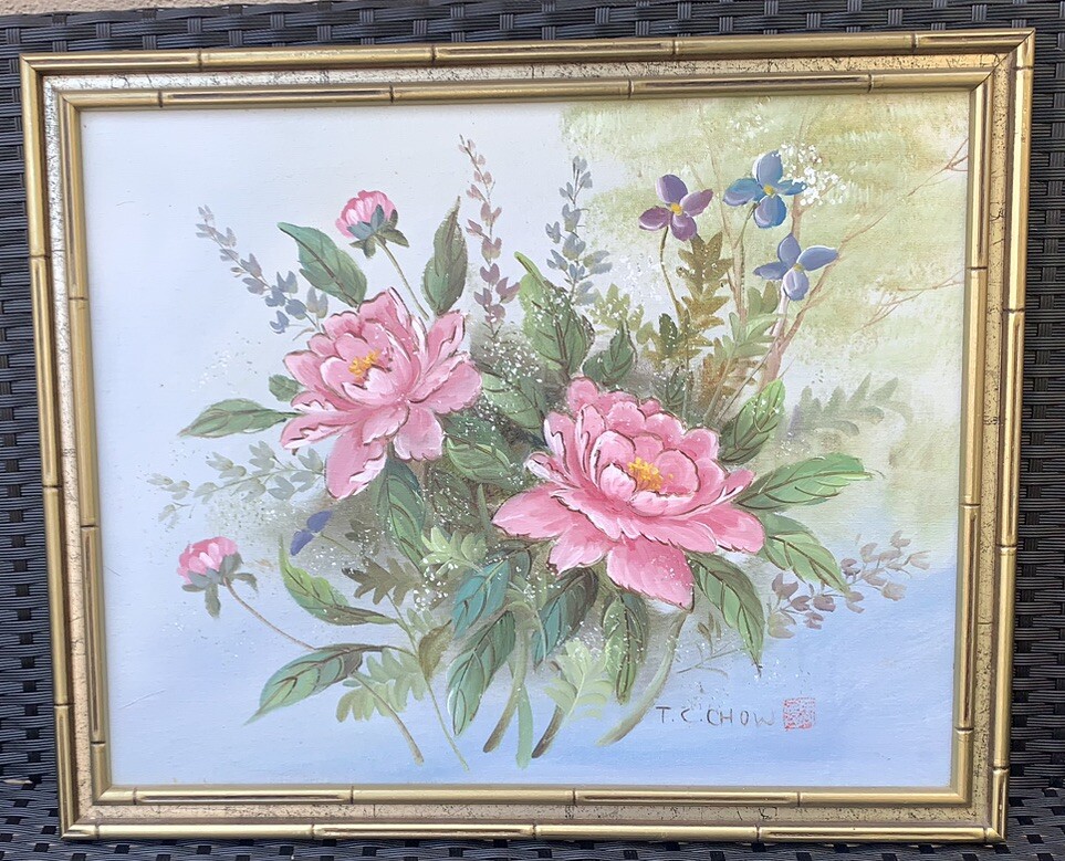 Original VTG TC Chow Oriental Floral Still Life 18.25”T 22.25”L Bamboo Frame