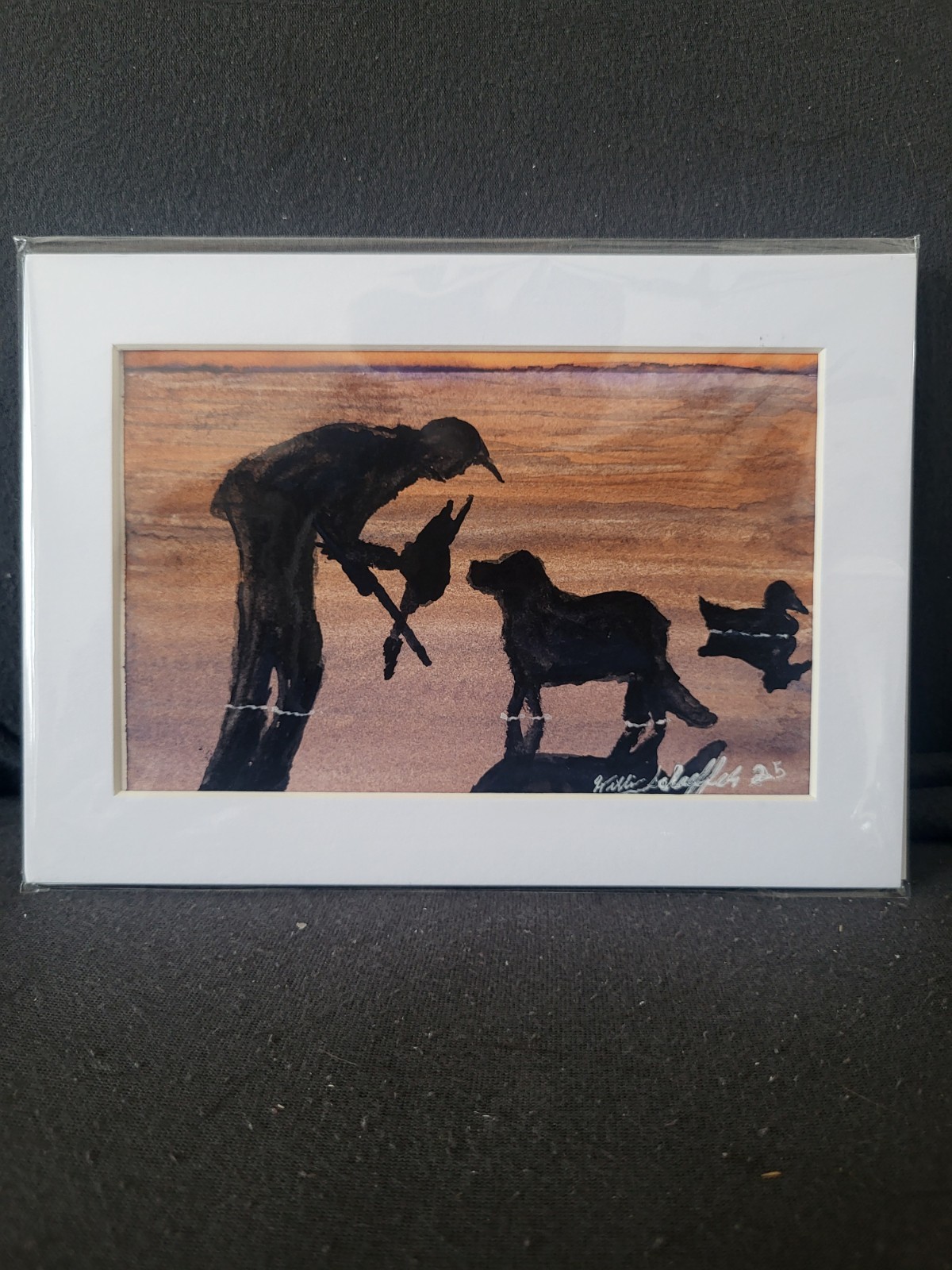 William Schaeffer ‘Man, Dog, Duck’ Original Silhouette Watercolor Matted 5×7″