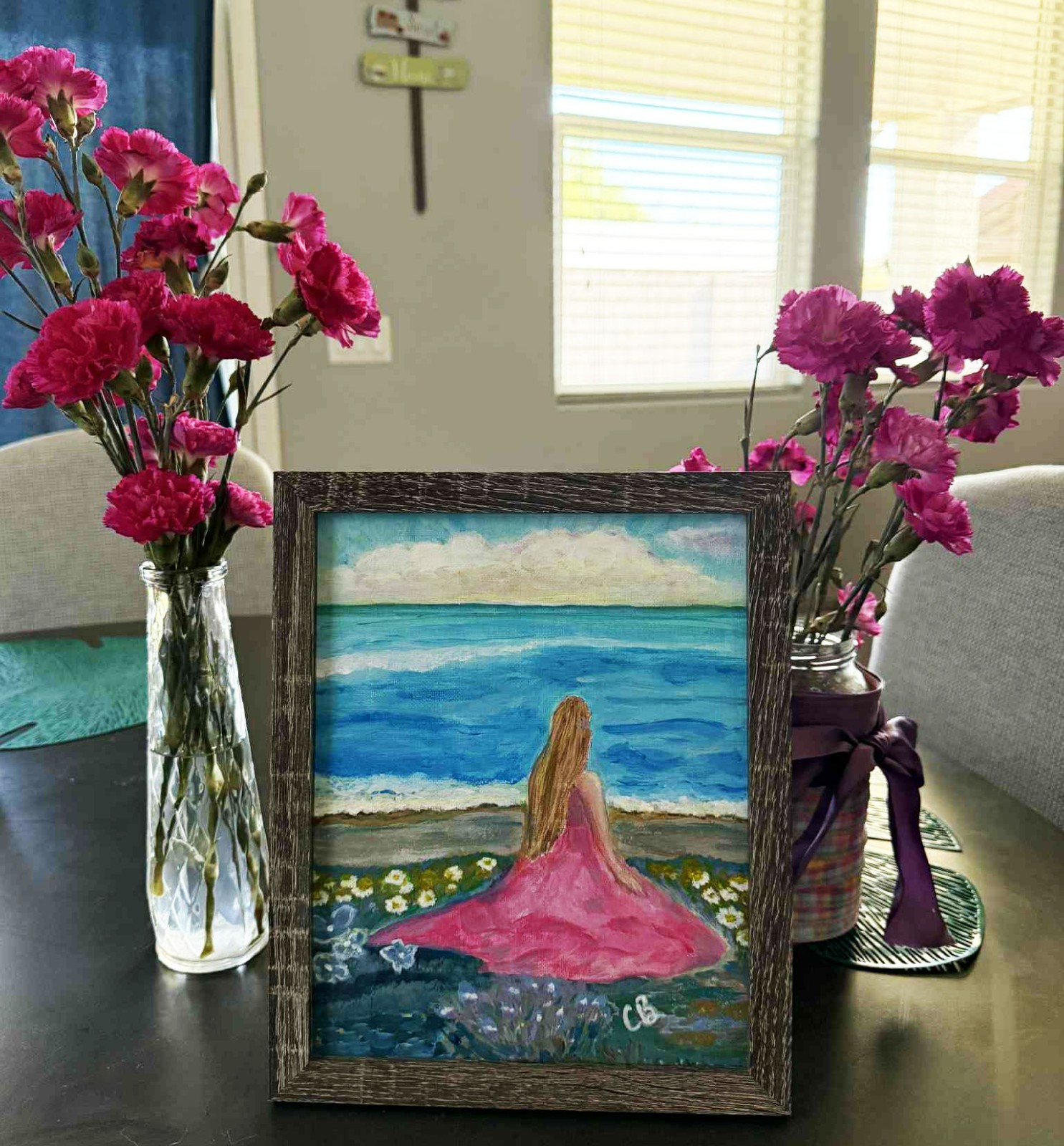 Original Painting Handmade Impressionism Seascape Landscape Dreamy Pink Dress