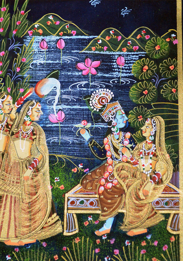 Radha Krishna Miniature Original Painting on Silk Cloth India Natural Colors!