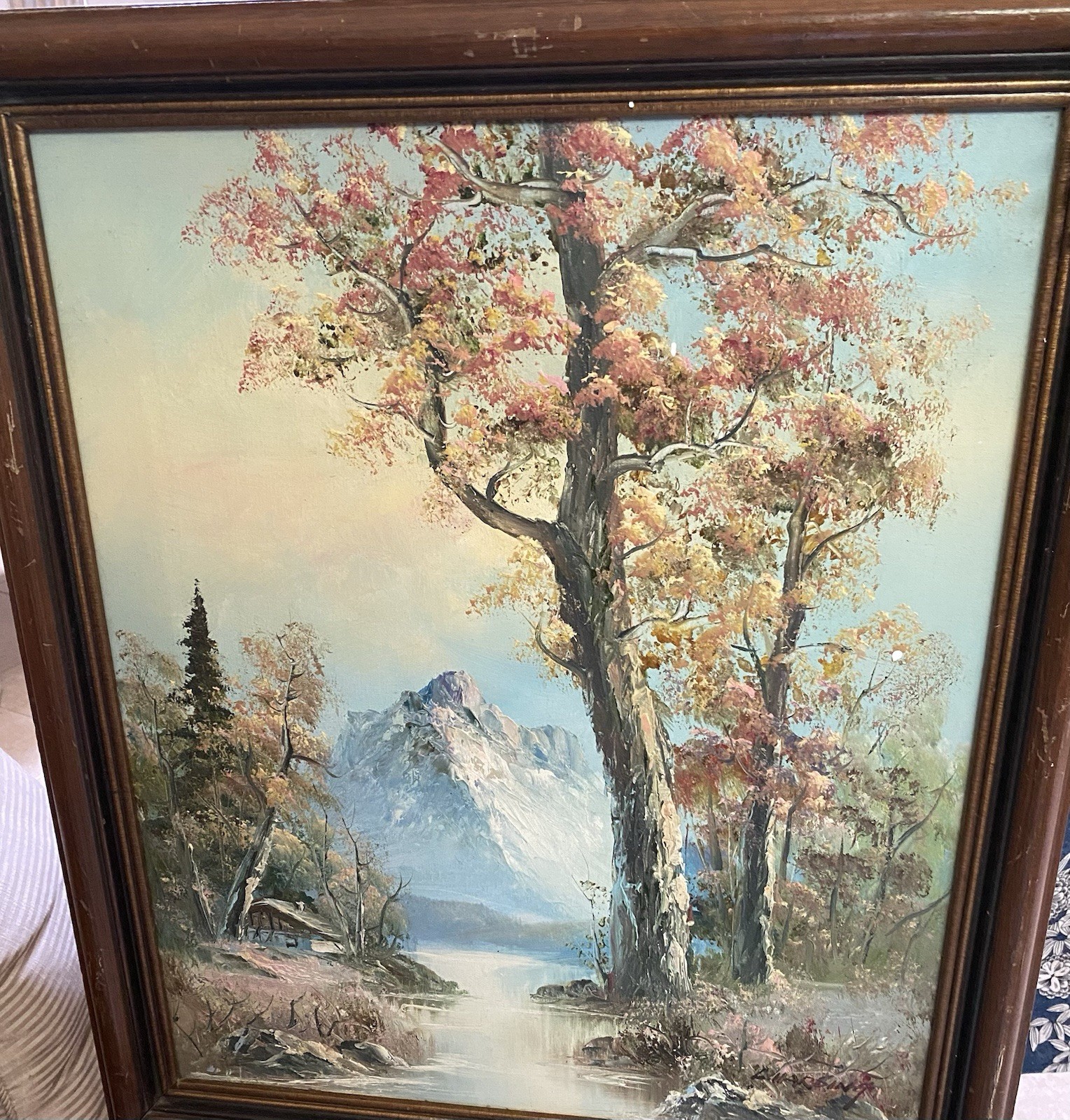 Original Signed Oil Painting by L. Harding – Mountain Lake Landscape Framed