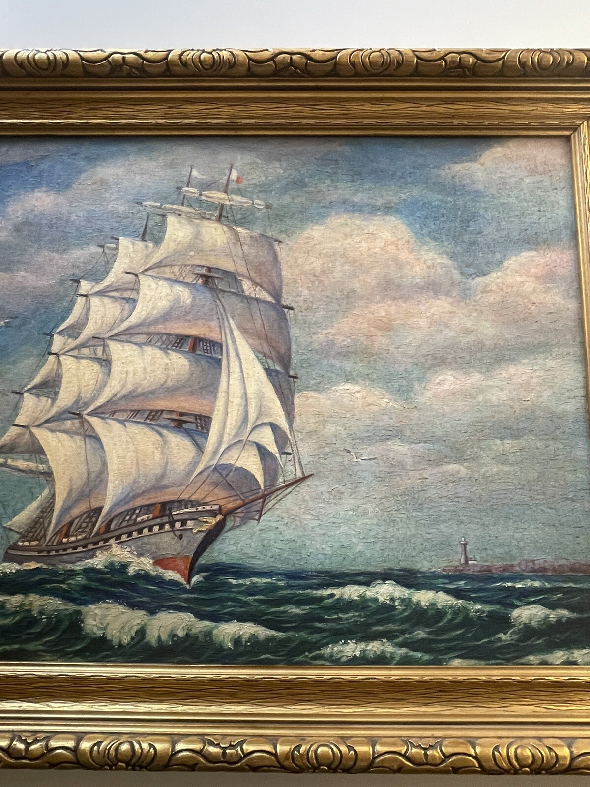 Antique Nautical Painting Seascape American Lighthouse Landscape Coastal Ship
