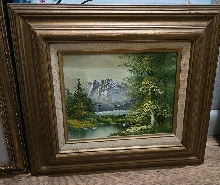 Vintage Oil Painting Woods Mountains Stream Water 17 X 15in