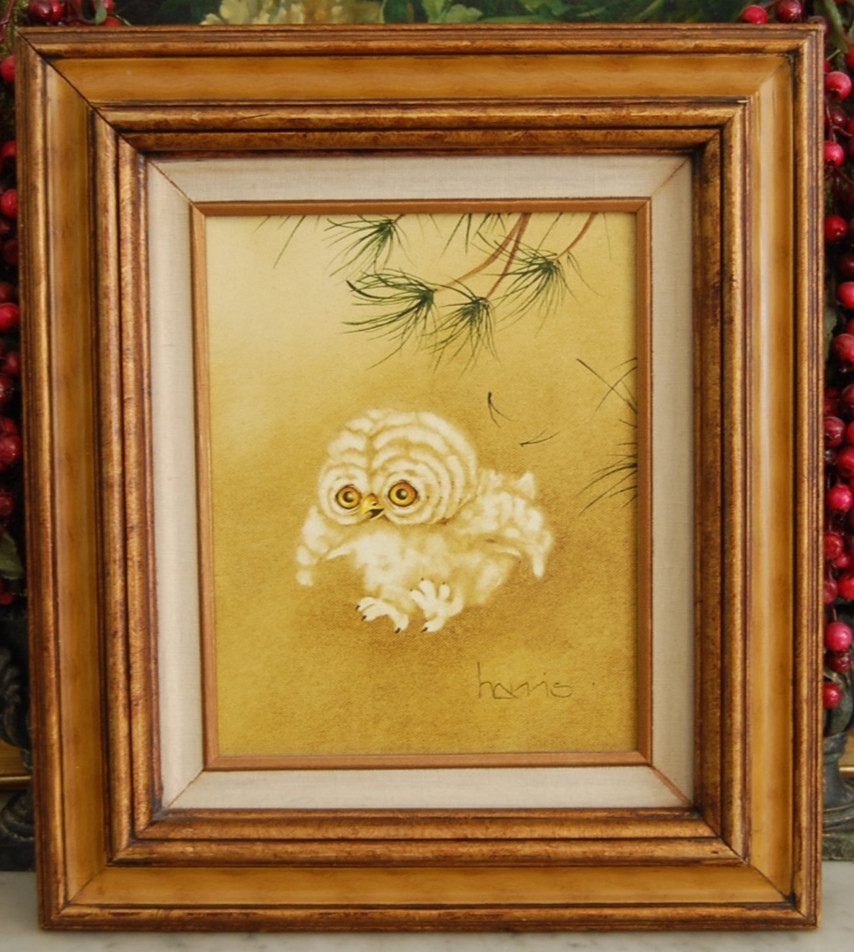 VTG 1984 FRAMED SIGNED PEGGY HARRIS ORIGINAL SMALL OWL OIL PAINTING «GERONIMO!»