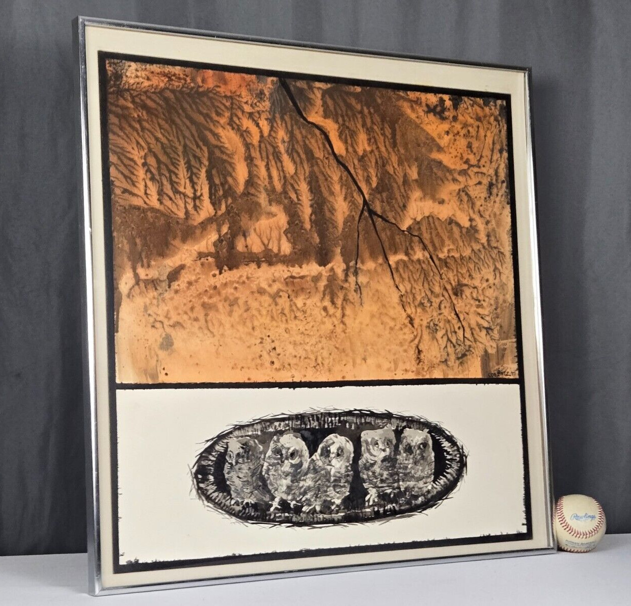 Lee Coblentz, IN/FL Fallen Nest abstract Owl tree watercolor painting, signed