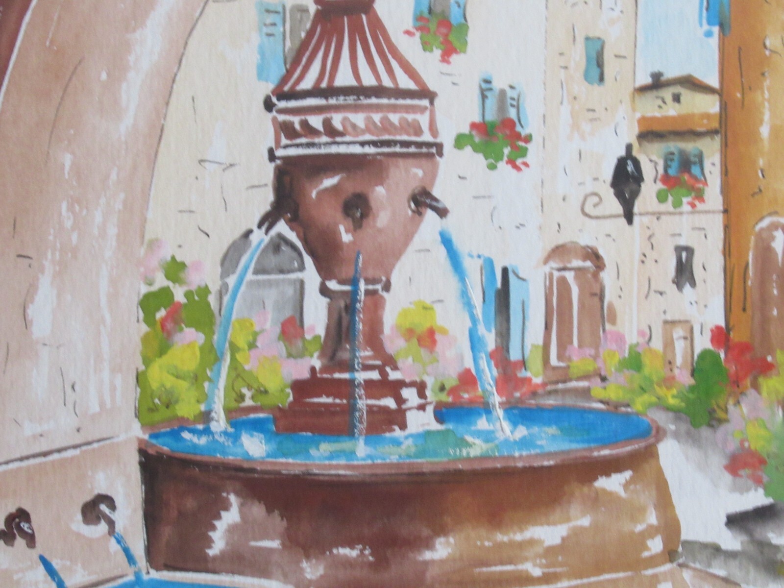 Original Matching Pair Watercolors City Port & Fountain Signed, Matted & Framed