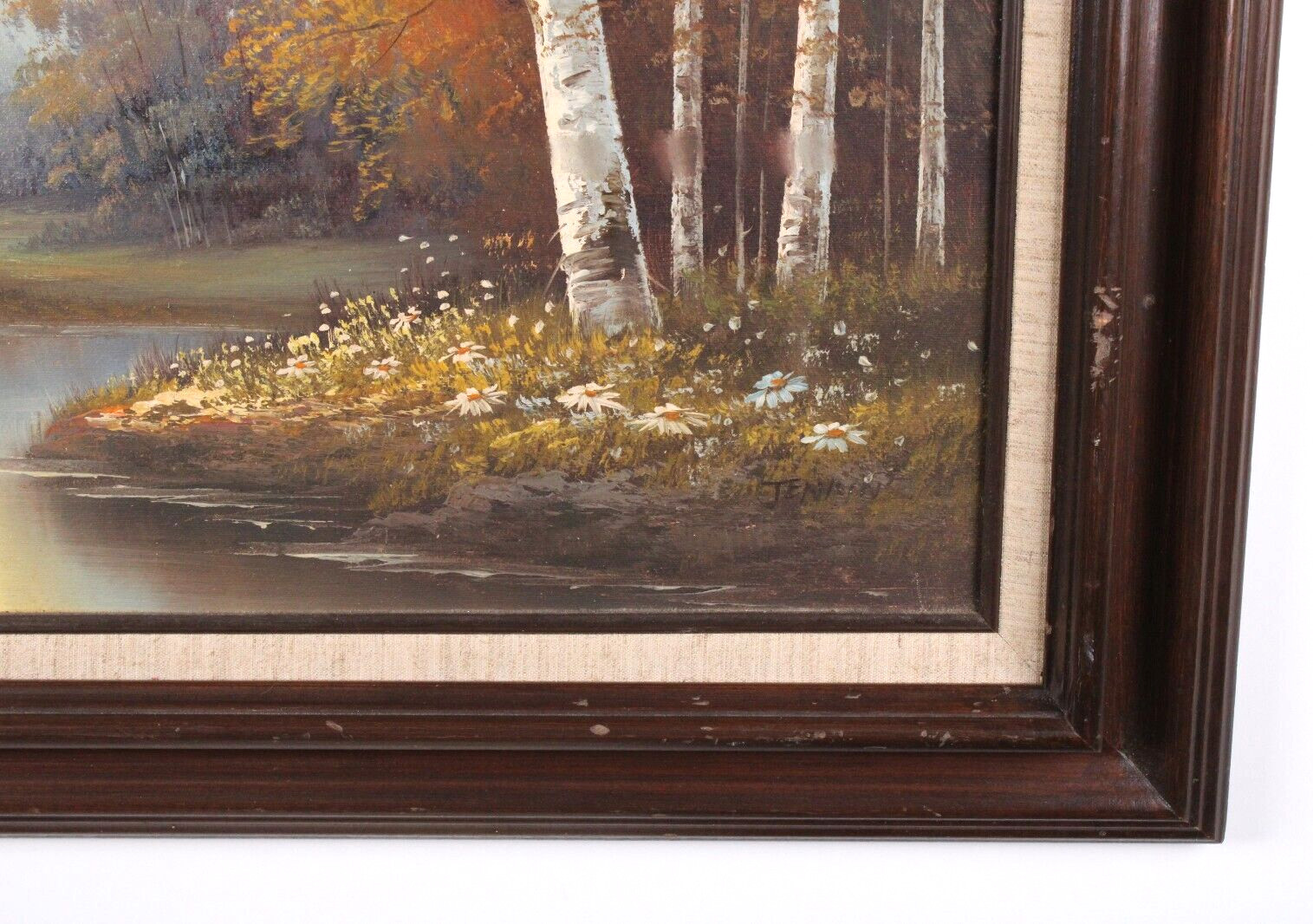 Vintage Forest Stream Landscape Scene Oil Painting On Canvas Signed Illegible