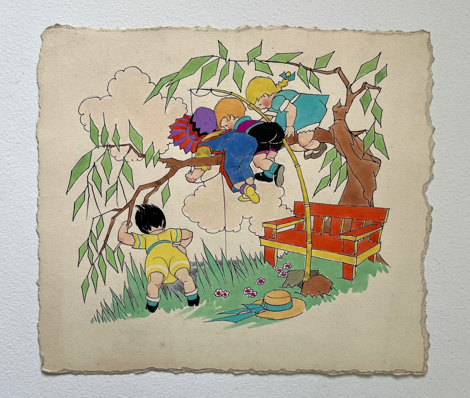 Antique Watercolor/Acrylic Children Painting by Hazel Frazee, Chicago, IL