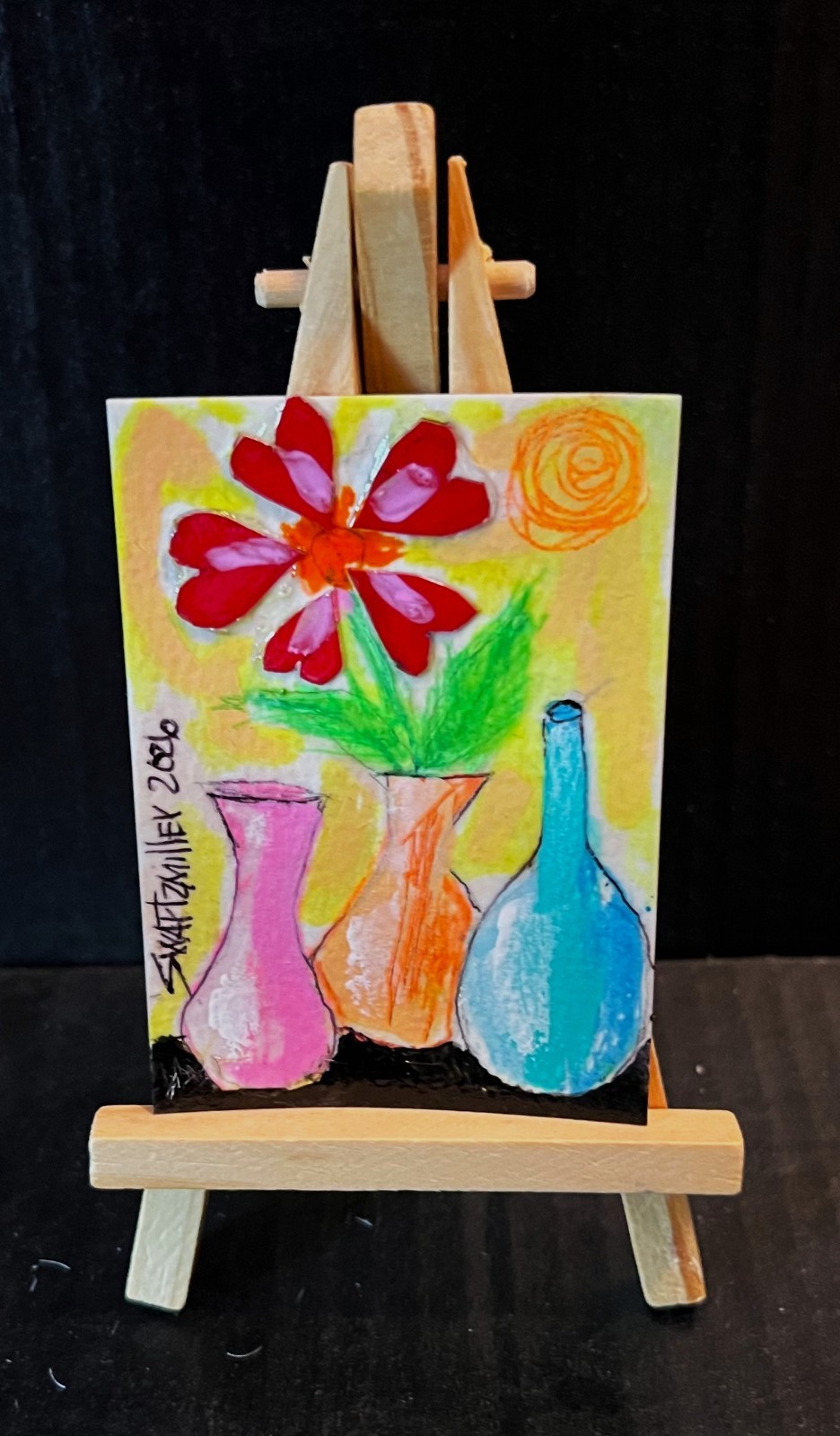 ORIGINAL COLORFUL Flowers Vase ACEO PAINTING 2.5 X 3.5 SWARTZMILLER DNA SIGNED