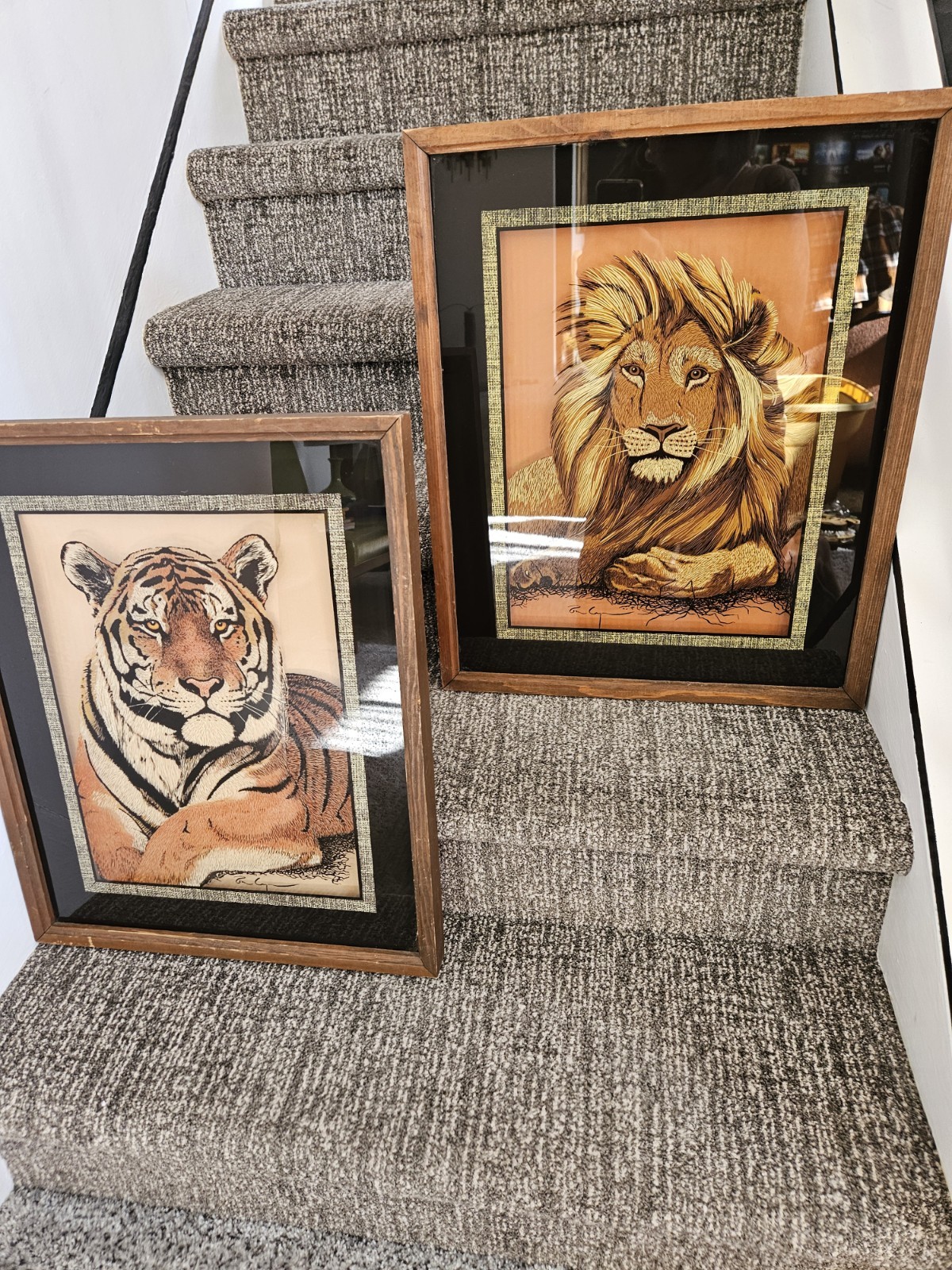 Rare 2 Framed Reverse On Glass Tiger Lion Lulu’s Inc Vintage 77′ Wall Art Retro