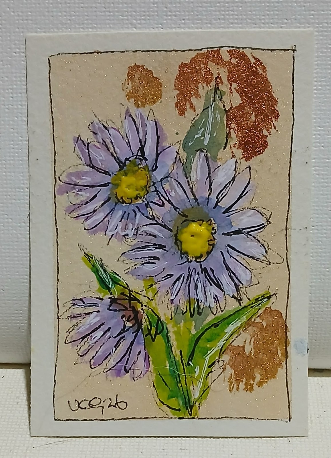 Michaelmas Daisies ACEO OOAK Watercolor Scribble Peach Granulated Background