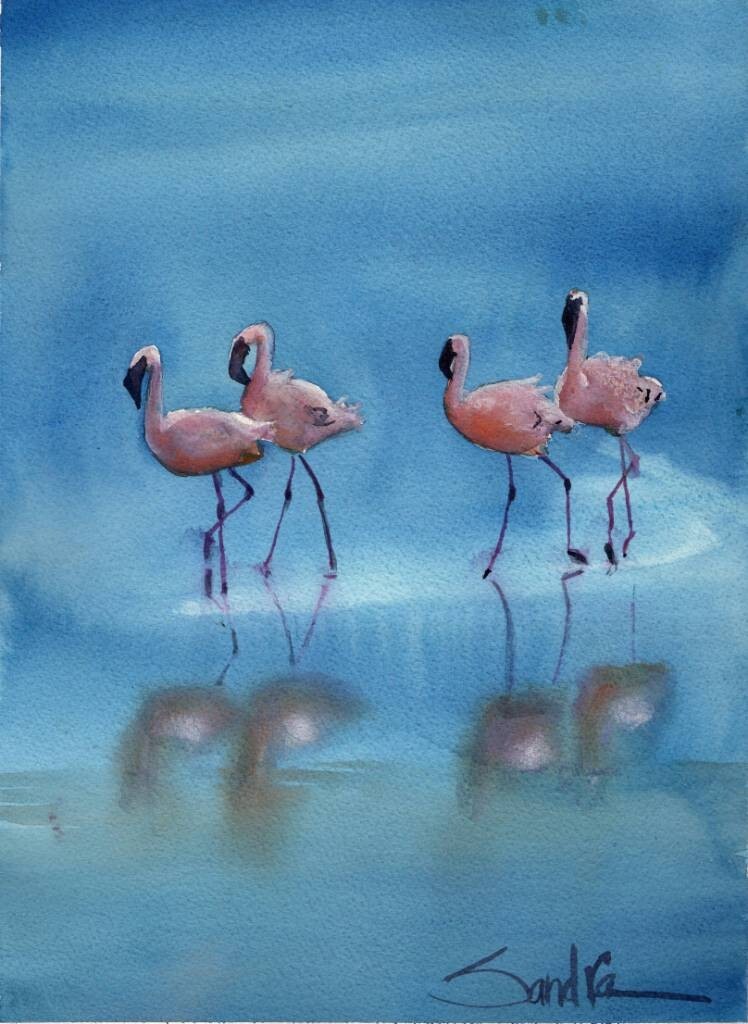 Pink Flamingos : SandraWatercolors™ California : ORIGINAL WATERCOLOR PAINTING