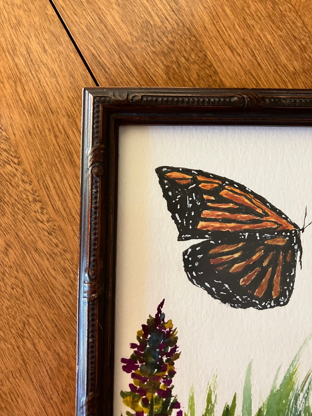 Original Watercolor Painting in VTG Wood Frame; Butterfly, Flower; 4 1/8 x 6 7/8