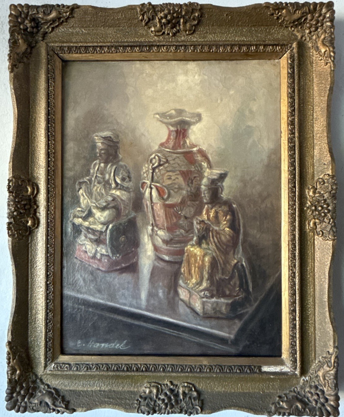 E HANDEL ANTIQUE STILL LIFE ASIAN OIL PAINTING OLD VINTAGE CHINESE SCHOLARS 1930