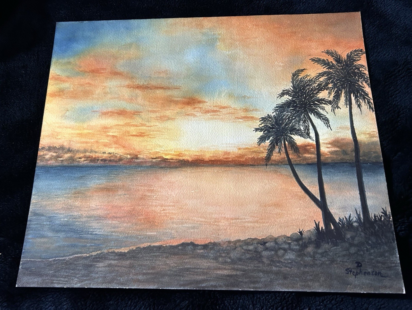 VINTAGE ORIGINAL WATERCOLOR Signed D. Stephenson 12″ x 14 1/2″ Tropical Sunset