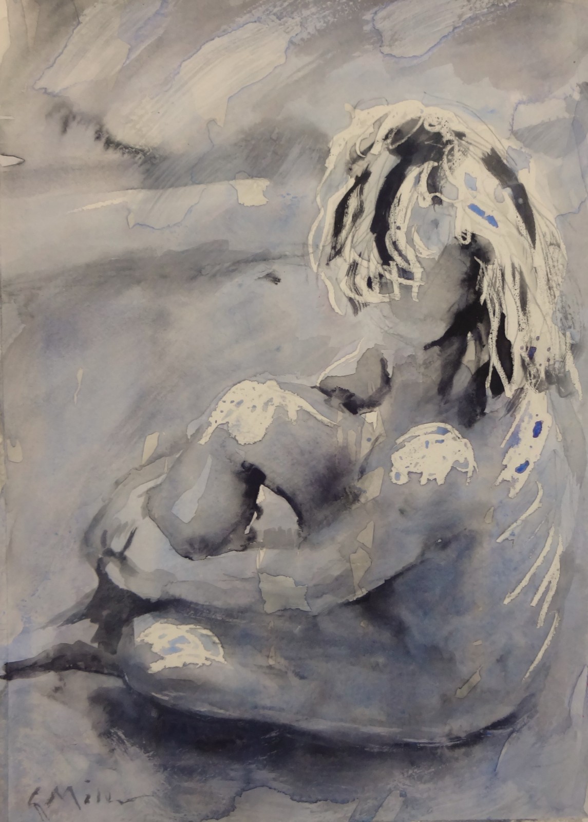 GERRY MILLER. “Seated Figure” watercolor painting on paper. 25.5 x 36.5 cm.
