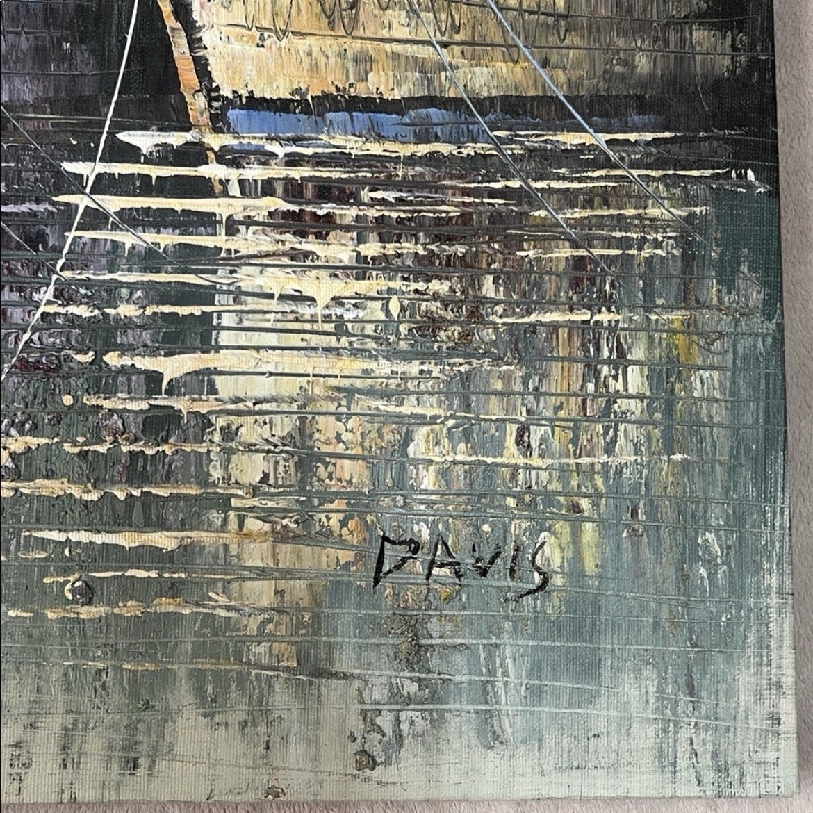 Davis Signed Harbor Boats Nautical Canvas Painting Contemporary