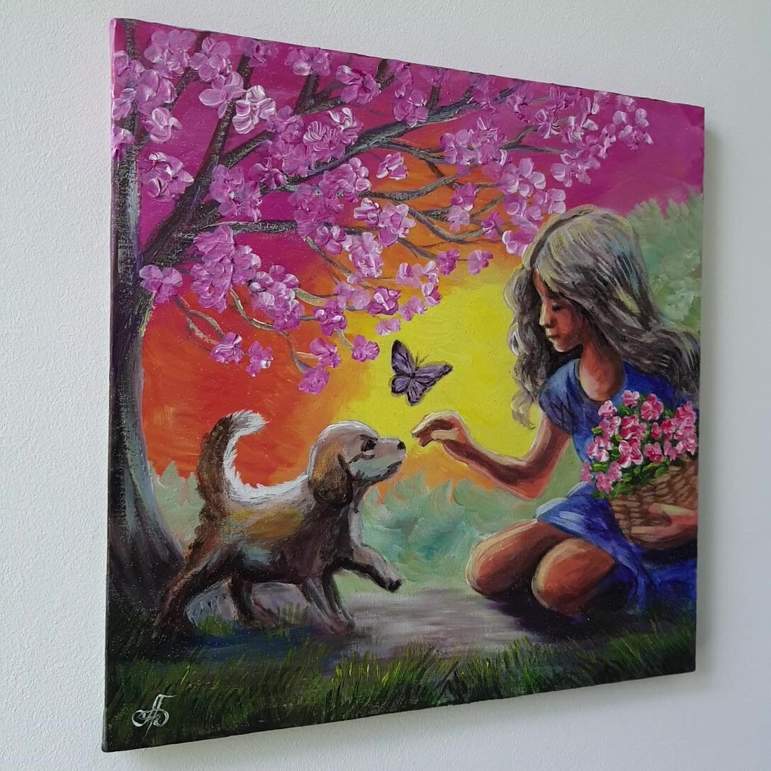 Painting Spring Bloom Puppy Signed Wall Art Decor Gift Original Ukrainian Artist