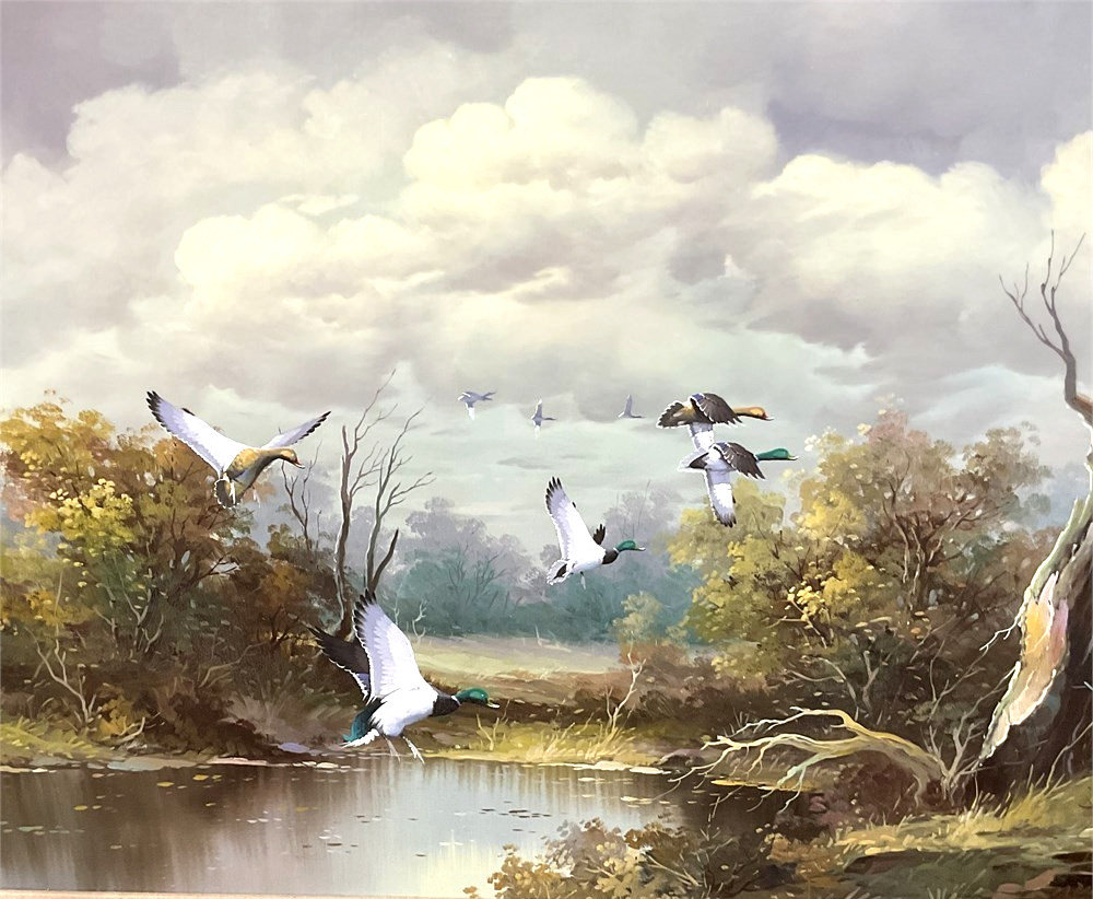 Mantle-Sized N. McGreen Wildlife Ducks in Flight Framed Oil Painting on Canvas