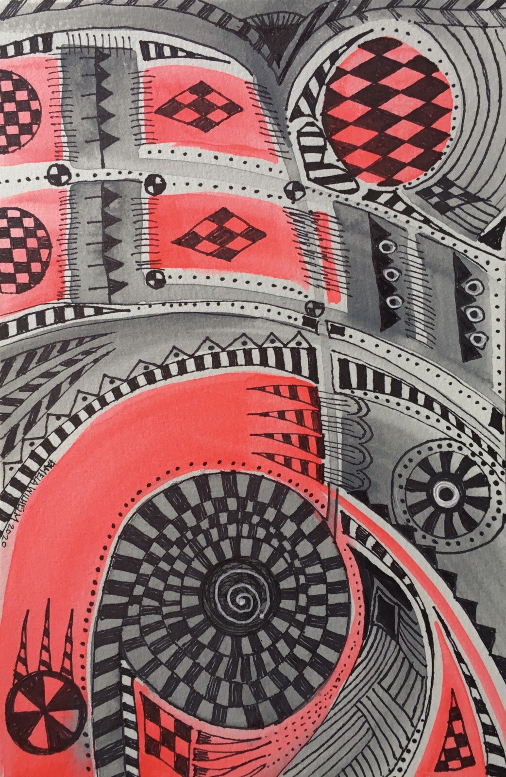 Original Pamela Wilhelm 6×9 Watercolor & Pink neon red black gray white optical