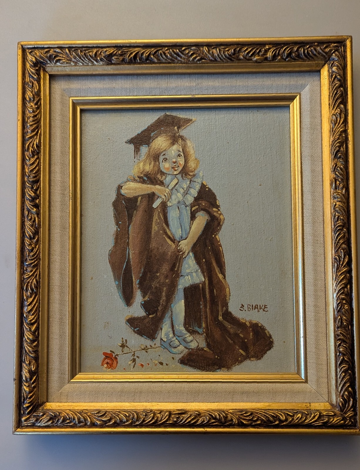 Vintage Framed Matted Signed Oil Painting Of A Girl By S. Blake 13.75″x11.5″