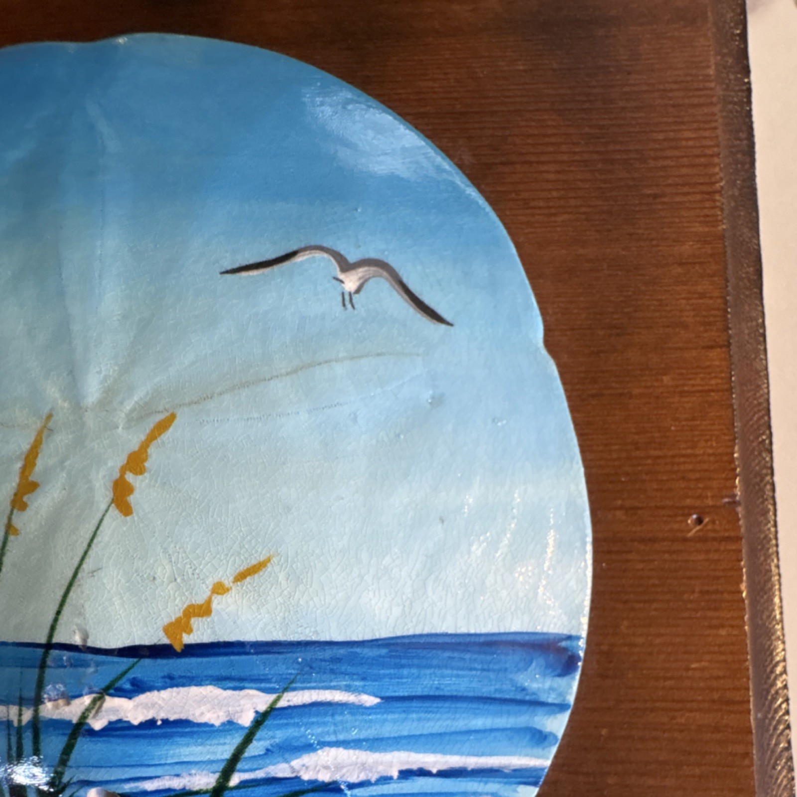 Hand Painted Sand Dollar Shell Beach Scene Signed Shapac Wood Plaque
