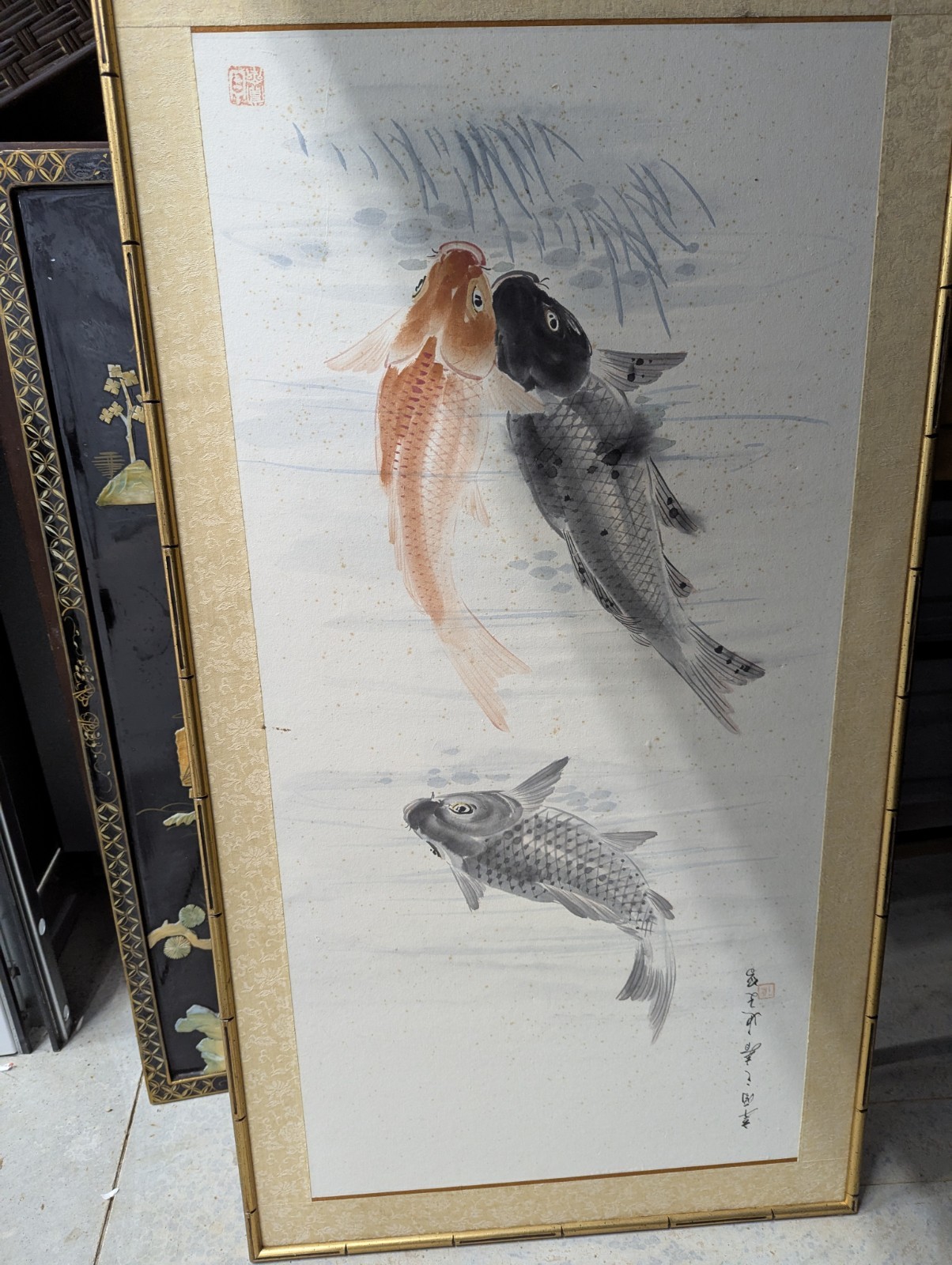 Wu Qingxia Koi Fish Painting with Calligraphy/Signature
