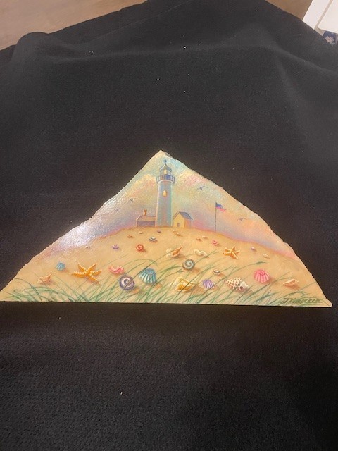 Marcia Abramsohn, Oil on Verdi Marble, Signed Beach Scene Lighthouse 7.5X7.5X1″