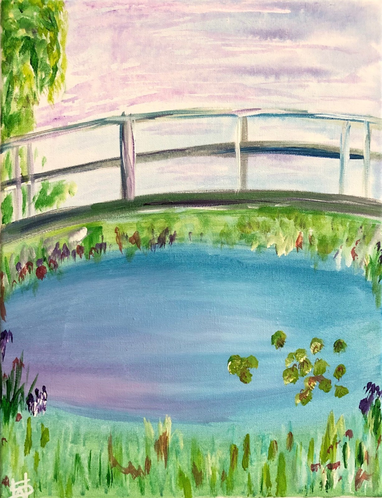WS original impressionism bridge painting 14X11 canvas acrylic artist signed