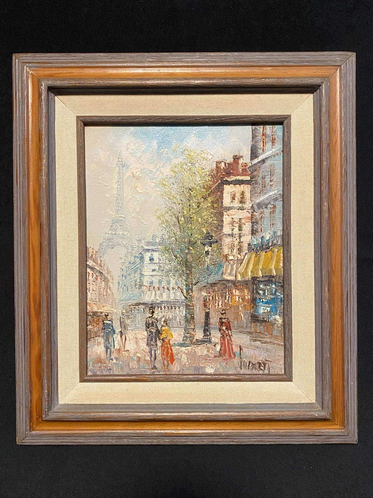 Burnett Signed Framed Oil Painting Paris Street Scene with Eiffel Tower 8×10