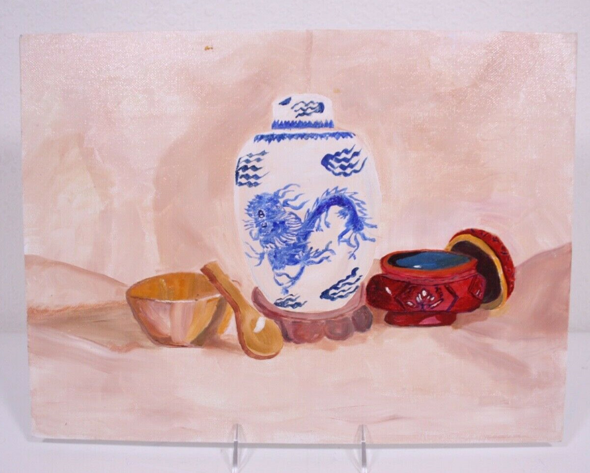 Still Life Wood Bowl Cinnabar Box Asian Ginger Jar Oil Painting 12 x 16 Board