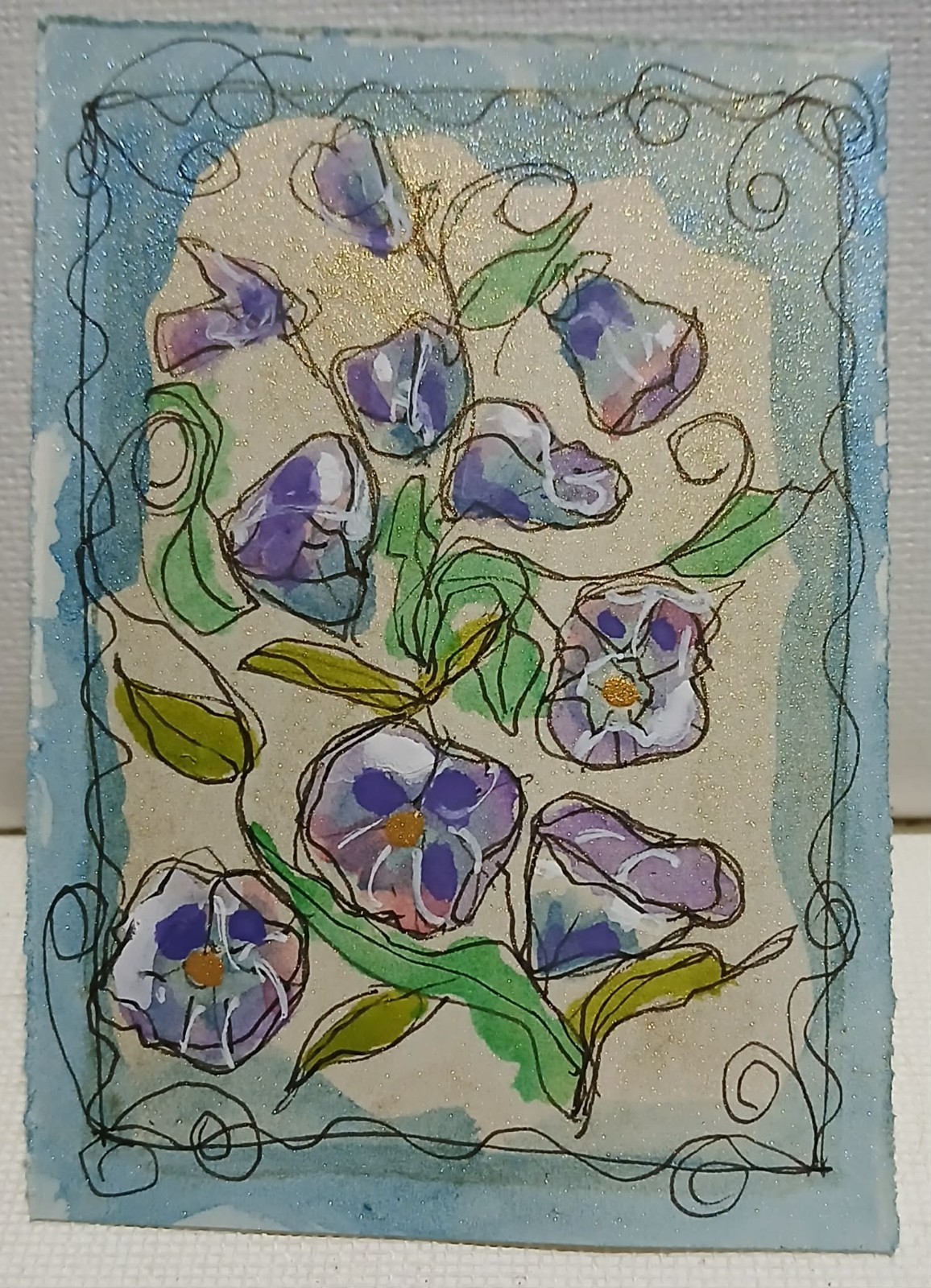 Morning Glory ACEO — OOAK Abstract Scribble Flowers on Golden Sun & Blue Sky Art
