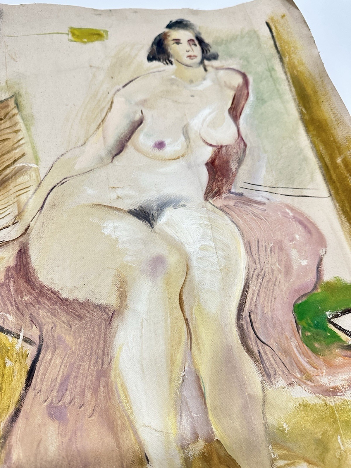 Expressionist Figurative Painting On Raw Canvas Unsigned Nude Seated Woman Muted