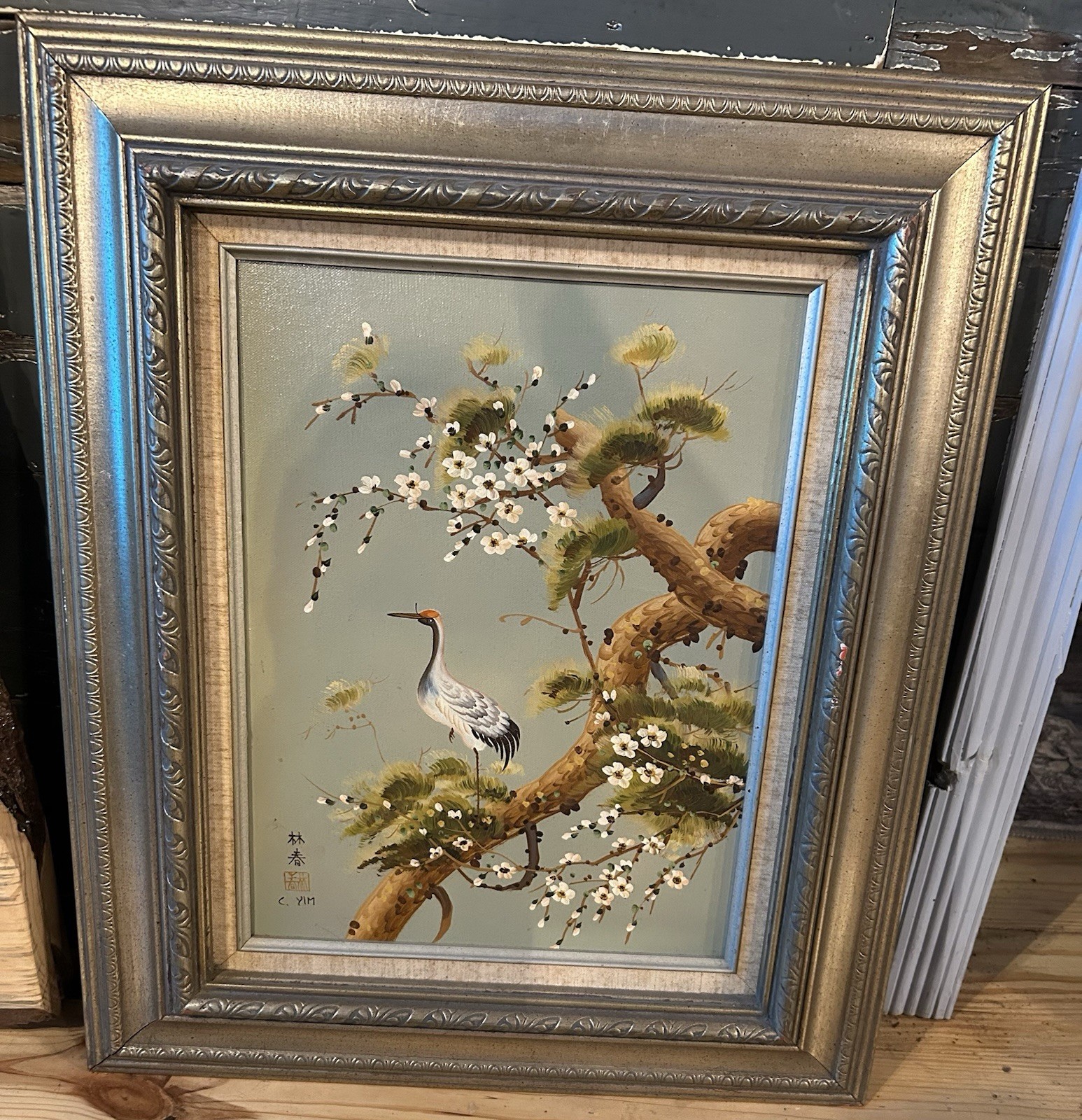 C. YIM Asian Chinese Bird Blossoming Tree Canvas Painting Signed Framed
