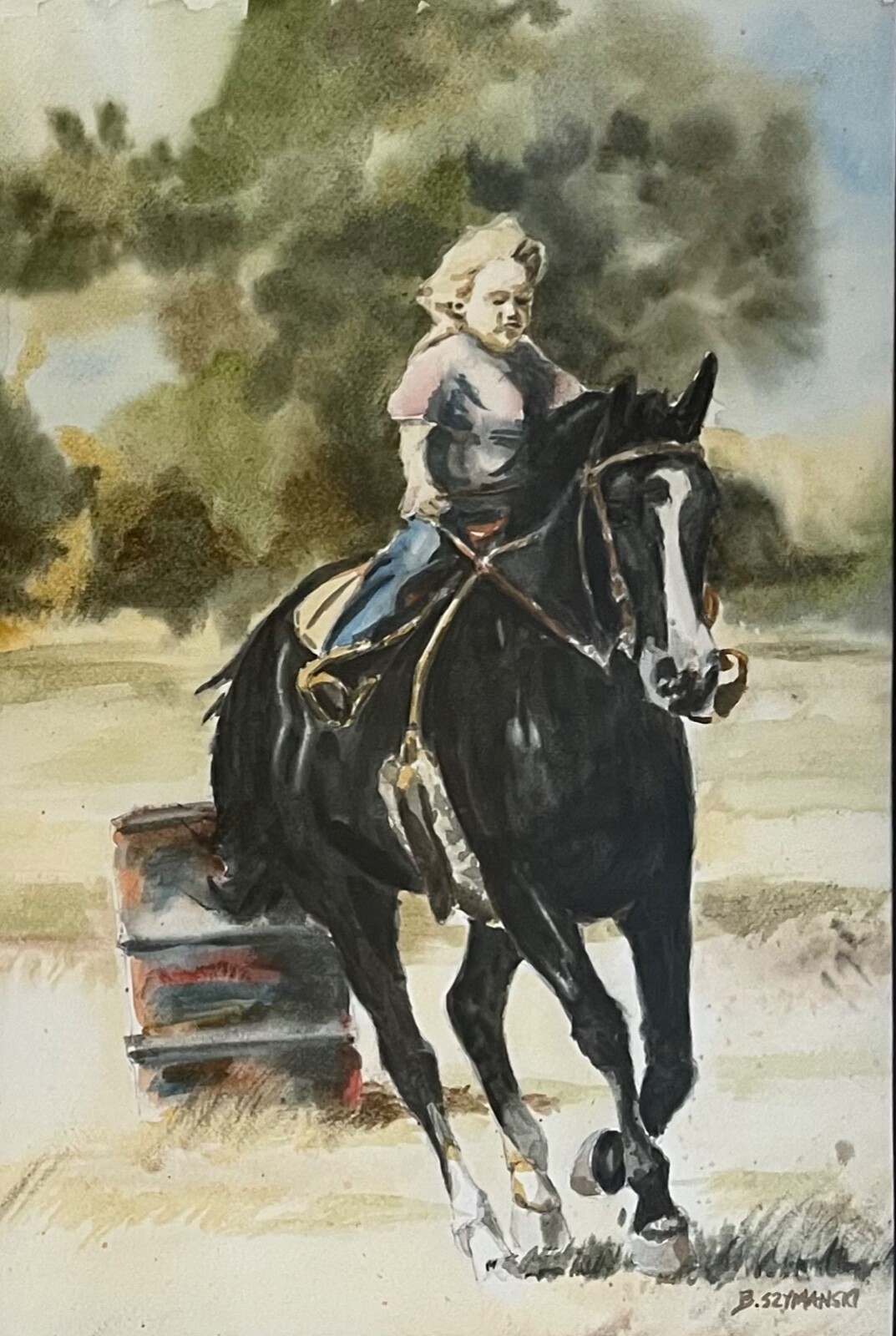 Young girl barrel racing – watercolor paintings original
