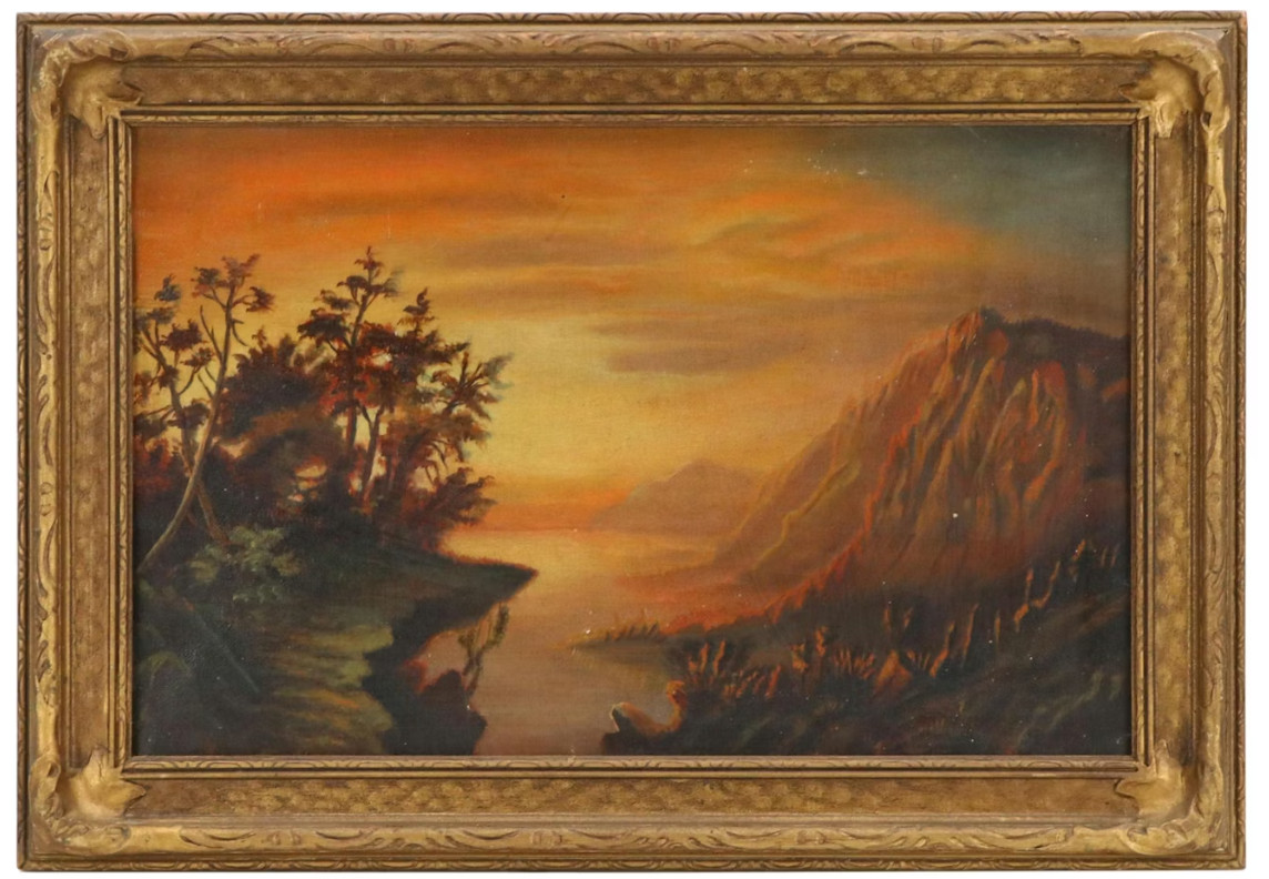 Antique Original Oil Painting Of A Coastal / Seascape Sunset and Mountains