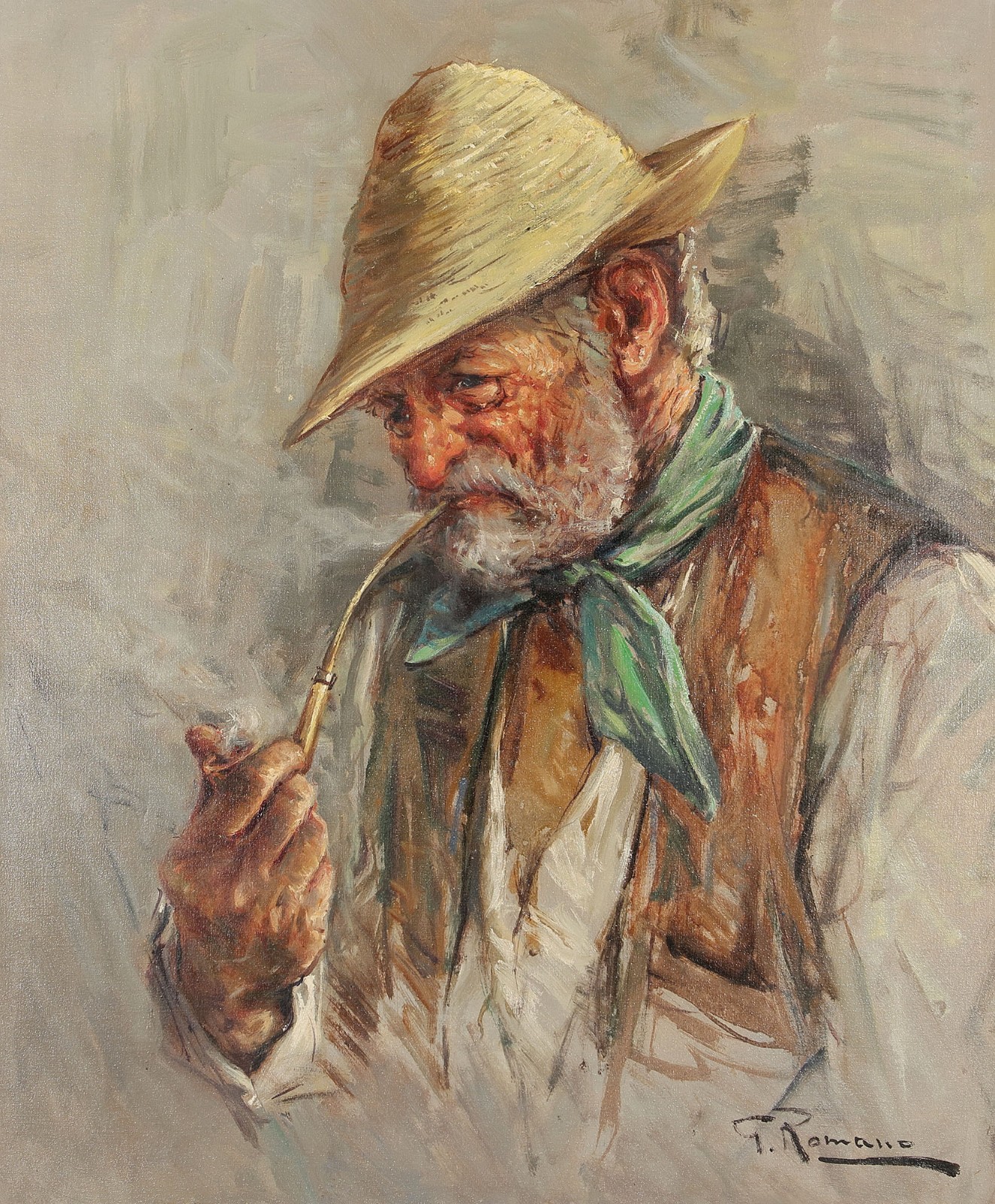 G. ROMANO Signed Vtg cEa-Mid 1960s Orig Italian Painting PIPE-SMOKING FISHERMAN