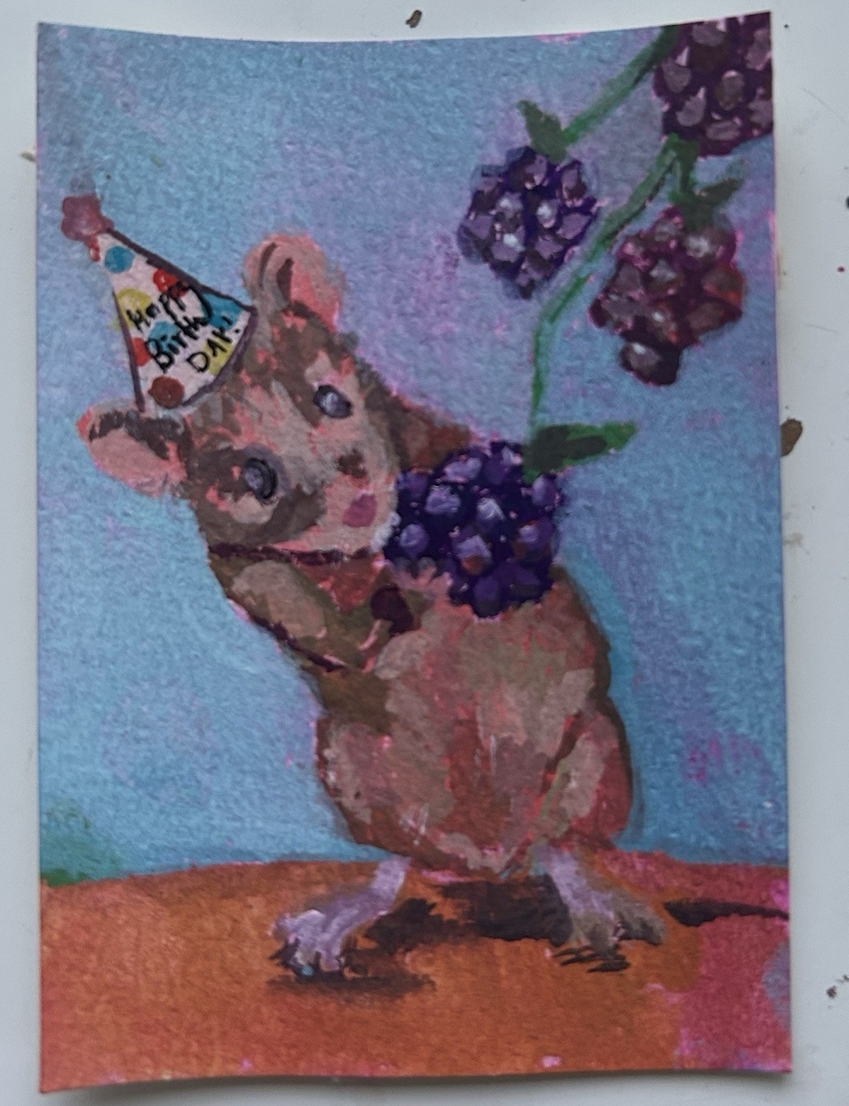 ACEO original mouse with birthday hat and blackberries “birthday cake” gouache